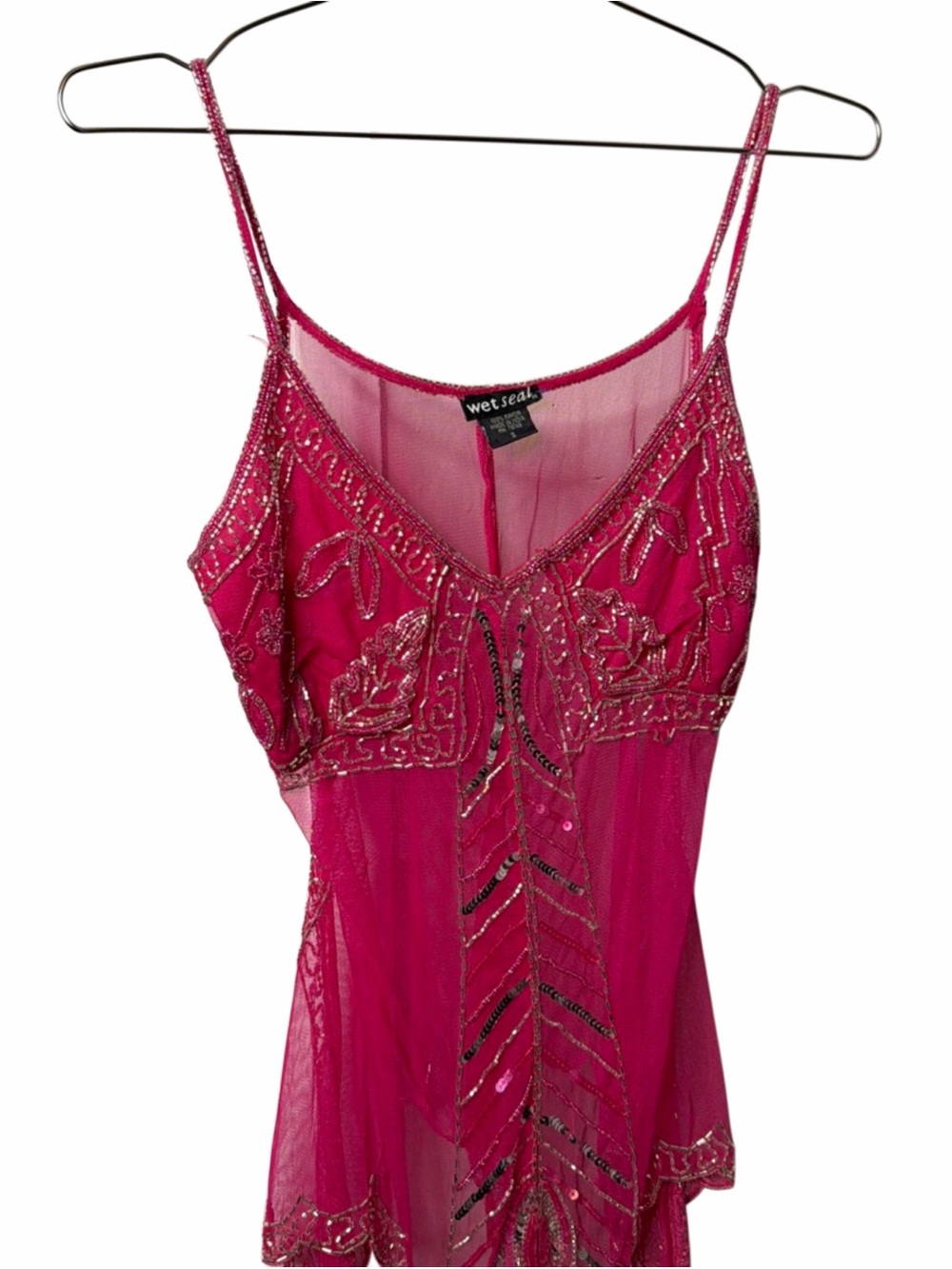 Wet Seal Fuchsia Beaded Mesh Spaghetti-Strap Cami - Picture 2 of 5